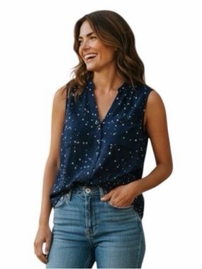 Rock & Republic Navy with Star Pattern Sleeveless Button Front V Neck Blouse M